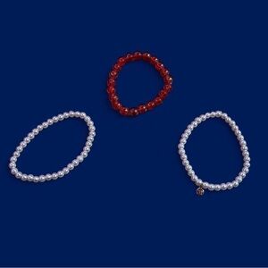 3 pc womans Red and White Beaded Bracelets Set